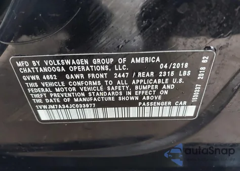 2018 Volkswagen Passat 3.6L V6 Gt z USA, uszkodzony, nr VIN 1VWJM7A34JC033977